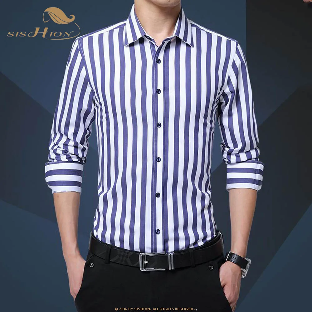 Dark blue SISHION осенние клетчатые рубашки тренд одежды деловой костюм для стройных работы Умные повседневные мужские рубашки мужские SP0331 - Цвет: Dark blue