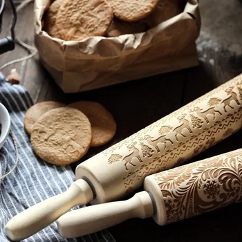 

35cm 8 Styles Embossing Rolling Pin Christmas Cookies Noodle Biscuit Fondant Cake Dough Engraved Roller Reindeer Eco-Friendly