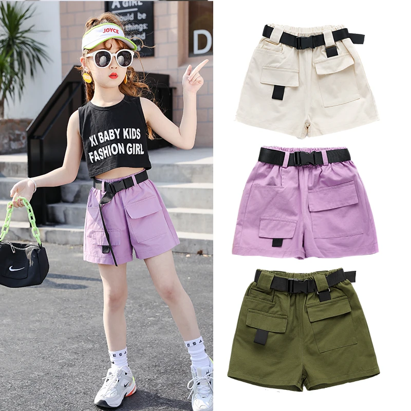 Pantalones cortos Cargo de para niños, cortos casuales de moda para niñas y adolescentes con cinturón, Color negro, Morado, Beige, 4, 6, 8, 10 y 13 años|Pantalones - AliExpress