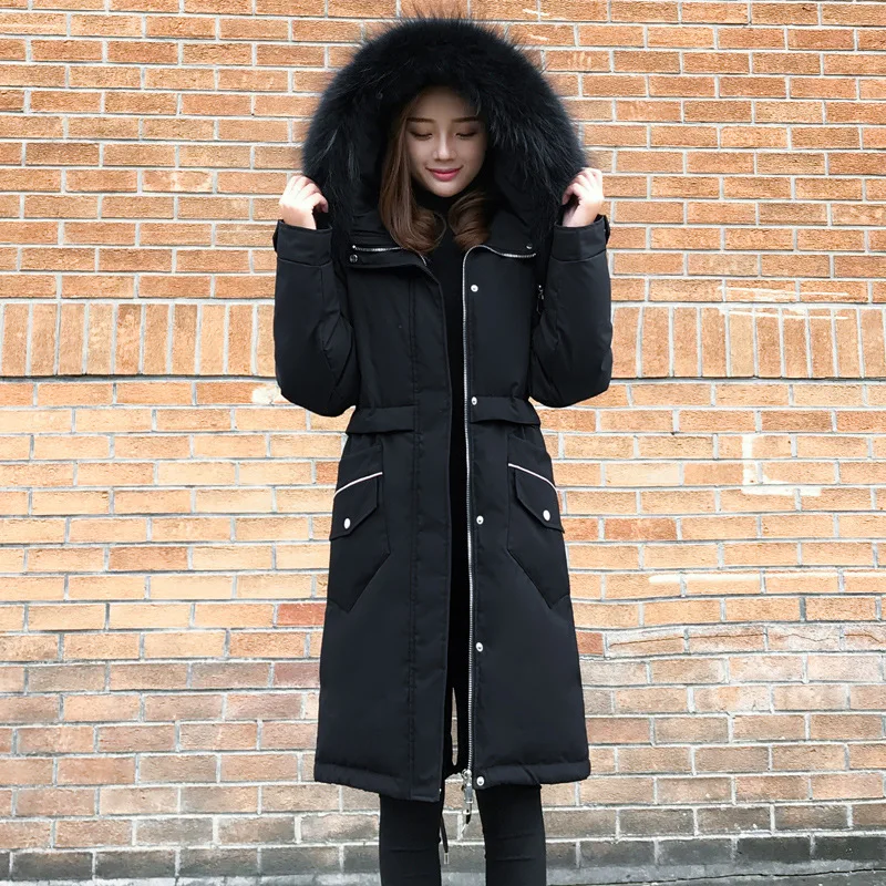 

Pike down Jacket Cotton-padded Clothes Women's Mid-length Winter 2019 New Style over-the-Knee Thick Coat Black And White with Pa