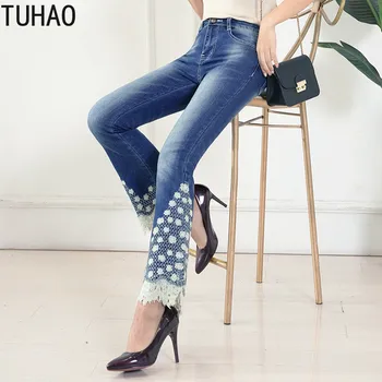 

TUHAO 2020 spring summer Sweat Jeans for Office Lady Women's Pants Lace Lace High Waist Woman Elegant Good Quality Jeans Woman