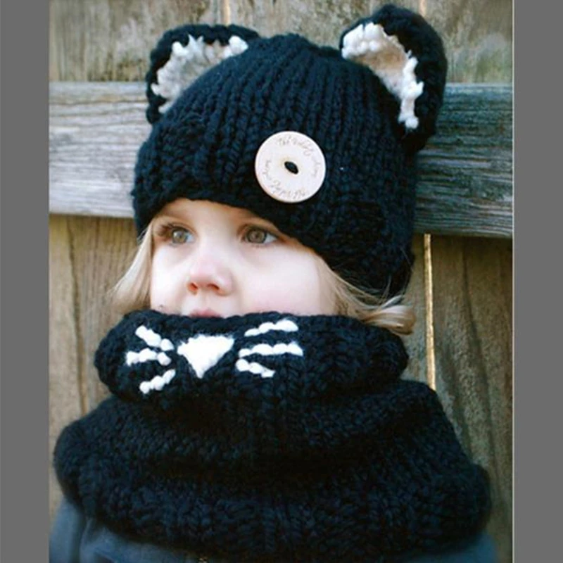 Kawaii/Детские трикотажные шапки с кошачьими ушками и шарфом; зимние ветрозащитные теплые шапочки для мальчиков и девочек; шапочки для детей