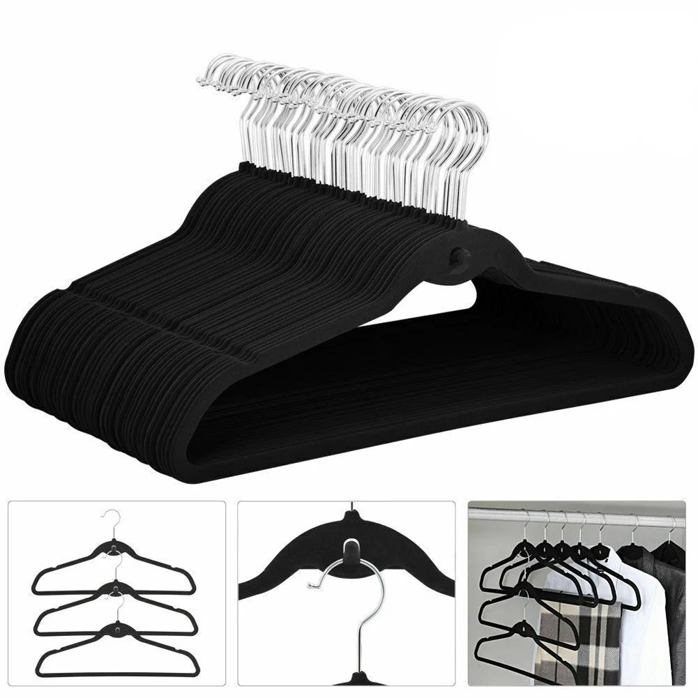 10/20Pcs Foldable Black Velvet Clothes Rack, Non-Slip Flocking Hanger, Balcony Home Accessories, Wardrobe Organizer, Wardrobe 1