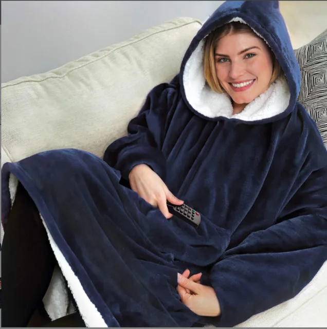 Winter Oversized Hoodies Women Warm TV Blanket with Sleeves Pocket Flannel Plush Thick Sherpa Giant Hoody Long Sweatshirt BLUE