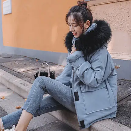 Fog blue Модная зимняя куртка женская парка новая с меховым воротником с капюшоном женская короткая хлопковая стеганая куртка Свободная Женская верхняя одежда - Цвет: Fog blue