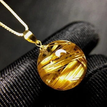 

Natural Gold Rutilated Quartz Wealthy Bead Pendant 14mm Round Sphere 18K Gold Crystal Necklace Jewelry Certificate AAAAAA