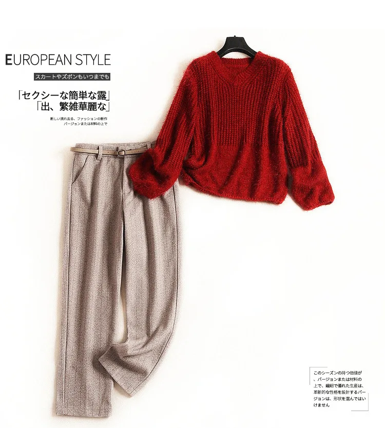Women winter plus size two piece set red loose style knitted sweater top+ woolen pant suit casual 2 pcs outfit