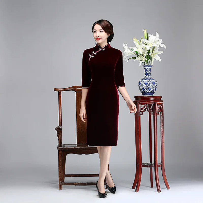 Китайское традиционное женское платье Cheongsam, большие размеры 3XL 4XL, вечернее платье, сексуальное бархатное винтажное платье с воротником-стойкой, Qipao Vestidos