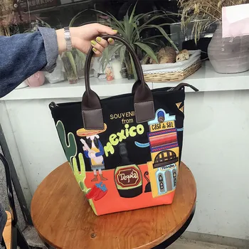 

Women Bags Leather Patchwork Embroidery Shoulder Bags Girl Handbags Female Totes Braccialini Style Art Cartoon Mexican Landscape