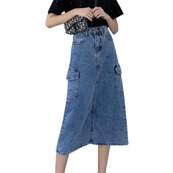 

2020 Spring And Summer Mid-length Denim Skirt Women's High Waist Skirt With Side Pockets Split Skirt Long Skirt 2020