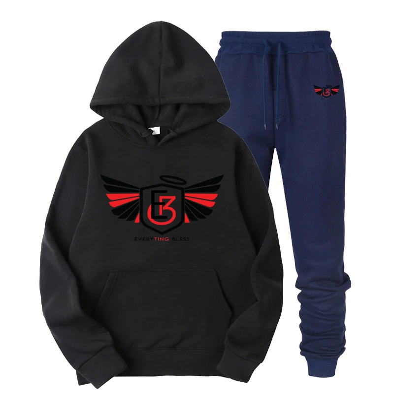 Black-navy Модный комплект из двух предметов, мужские толстовки с капюшоном, спортивная одежда для мужчин, спортивный костюм с капюшоном, осенне-зимняя мужская брендовая одежда, толстовки+ штаны - Цвет: Black-navy