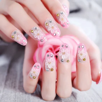 

24Pcs pink flower false nails acrylic UV gel french fake nails art tips tools