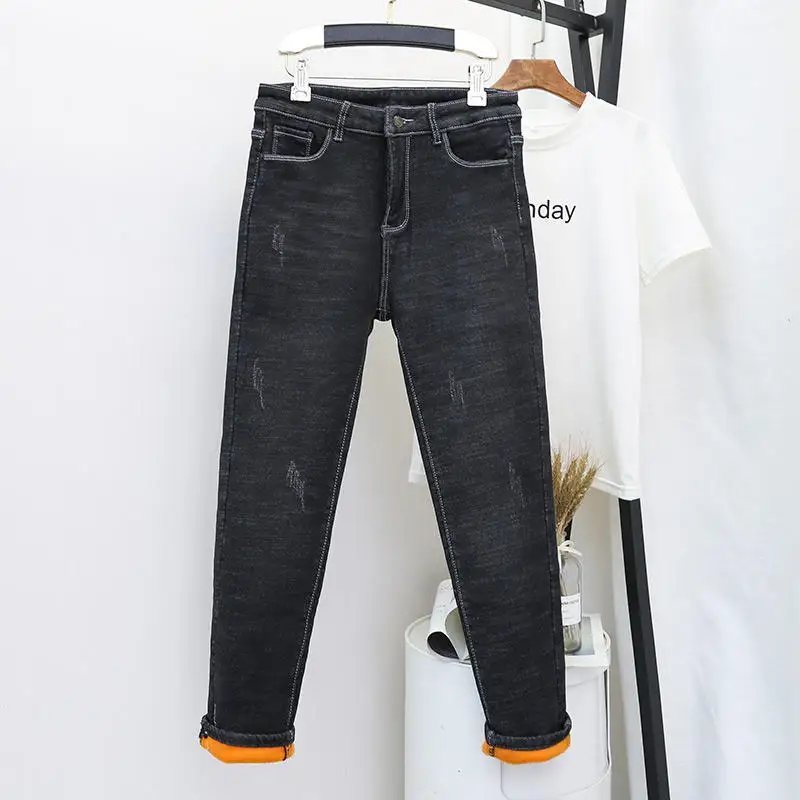 Black Jeans M-4XL джинсы с высокой талией, женские бархатные теплые плотные джинсовые брюки-карандаш, женские повседневные джинсы для женщин в стиле бойфренд Q2113 - Цвет: Black Jeans