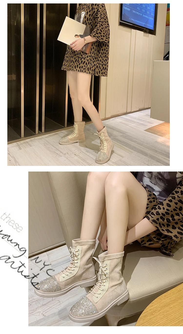 Модные Ботинки martin zapatos mujer, 2109 г. Блестящие стразы на шнуровке, квадратный каблук 3,5 см, размер 35-40, bota feminina