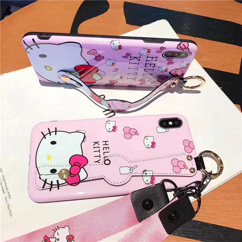 Милый hello kitty Cat кронштейн+ ремешок чехол для iphone 7 Чехол Xs Max 6 6s 8 Plus X Xr мультфильм мягкий ТПУ чехол для телефона