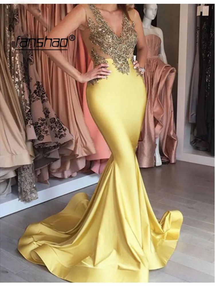 Желтый мусульманские Вечерние платья с аппликацией и юбкой-годе Атлас Дубай Саудовская арабское вечернее платье для выпускного вечера