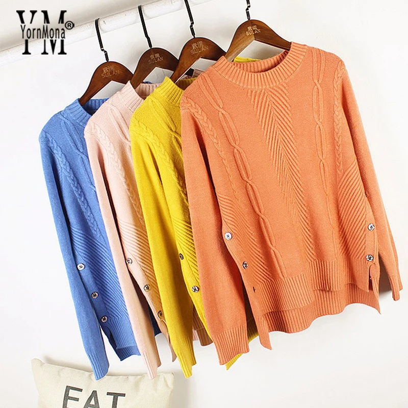 

YornMona Side Buttons Winter O-neck Women Sweater Jersey Knitted Twisted Thick Warm Female Pullover 2019 College Ladies Jumper