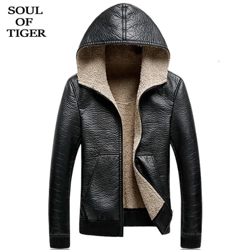 Мужская кожаная куртка с капюшоном SOUL OF TIGER повседневная на молнии мехом большие