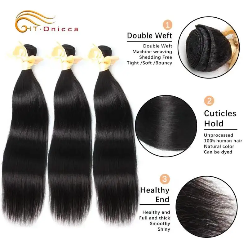 Htonicca прямые волосы для наращивания, 1/3/4 пряди 8-28 дюймов 100% Remy человеческие волосы натуральный Цвет малазийские волосы для queen Для женщин