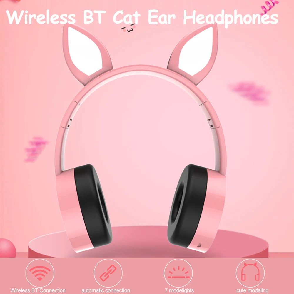 

DP-T001 Cat Ear Wireless Bluetooth Headphones Over Ear Headset Bluetooth 5.1+EDR Headphone LED Lights Foldable Earphone with Mic