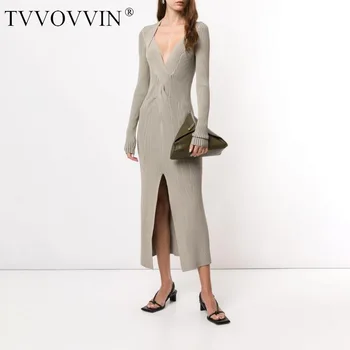 

Striped V-neck Slim Slit Knit Dress Long Women's 2020 Autumn Wear New Knitted Base Shirt Dresses Fashion Womens Winter 72OA