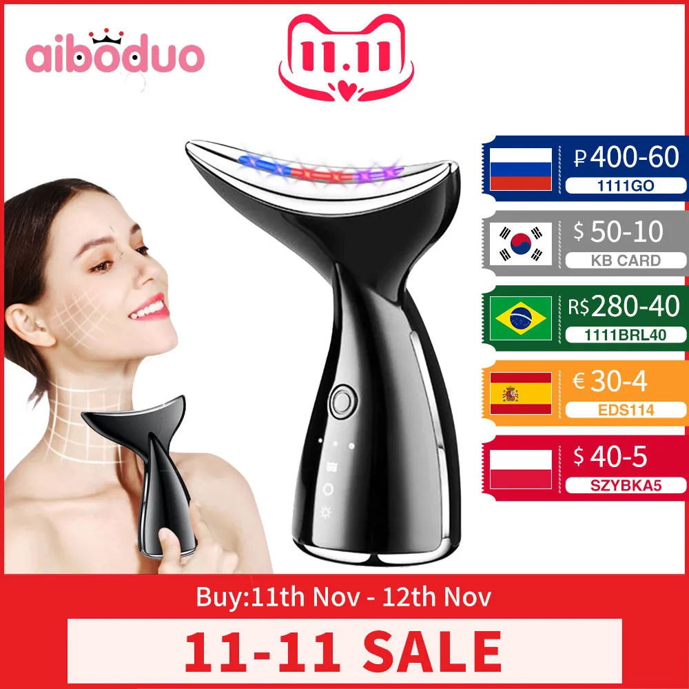 Face Neck Massager for EMS Tighten Lifting 3 Colors LED Photon Therapy Anti Wrinkle Remover Double Chin Skin Care Tool | Красота и