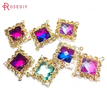 

(38630)6PCS Glass 10x10MM 24KChampagne Gold Color Brass and Glass 2 Holes Square Connect Charms Pendants Jewelry Diy Accessories