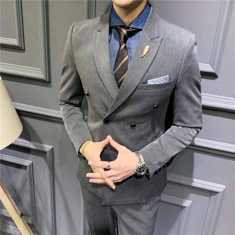 Dark grey Мужские костюмы из 3 предметов, коллекция года, двубортные официальные свадебные костюмы для мужчин, мужской костюм(пиджак+ брюки+ жилет), приталенный костюм-смокинг - Цвет: Dark grey
