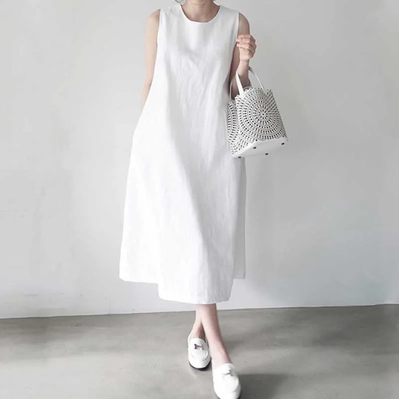 Plus Size Cotton Linen One-Piece Dress 2020 New Summer Women Loose Sleeveless Elegant Dress Korean Holiday Dress Vestidos Female
