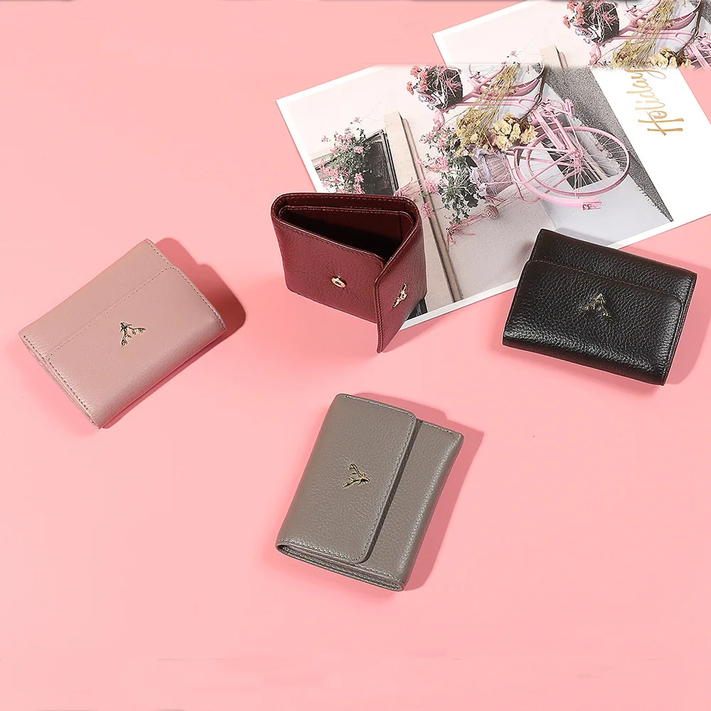 New fashion short wallet ladies first layer leather simple small wallet foldable thin