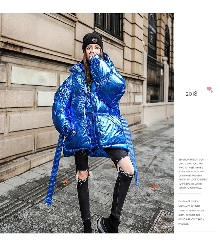 Fashion Large Glossy Cotton Comfortable Jacket Women Hooded Thicken Winter Short parka Students blue Outerwear Coats LY01