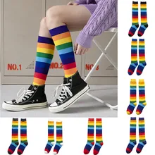 Женские радужные носки, полосатые ворсовые яркие цветные гольфы, повседневные хлопковые удобные мягкие носки, в стиле хип-хоп, уличная одежда, забавные носки