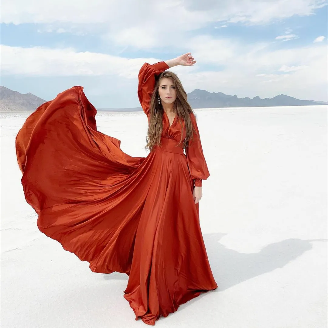 

A-Line Satin Evening Dresses Long Sleeve Pleated فساتين السهرة V-Neck Robe De Soiree Longue Party Dresses for Women