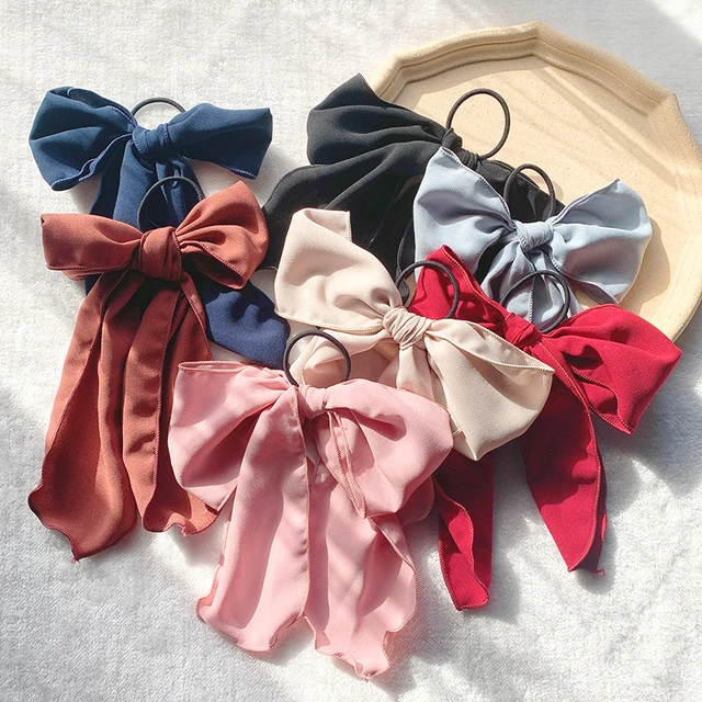 Hair Scrunchies with Bow Elastic Hair Ribbons Satin Hair Ties Bowknot  Ponytail Holder Hair Scarf with Solid Color For Women Girls (Navy + wine  red +