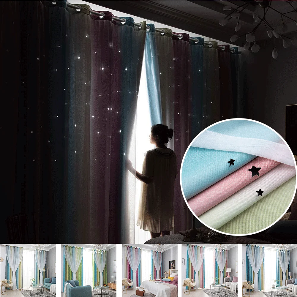 Window Curtains Double-Layer Yarn Tulle cortina Overlay Hollow-Out Stars Drapes Fairy Living Room Bedroom D20 | Дом и сад