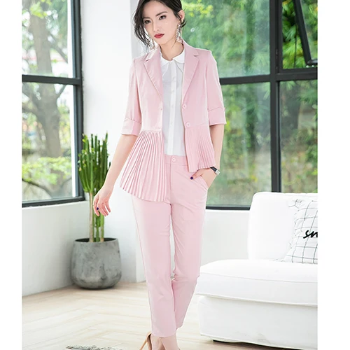 Pink Pant Suit Повседневные женские брючные костюмы с коротким рукавом, черный, розовый, красный, летний, весенний, Мягкий тканевый костюм с рюшами - Цвет: Pink Pant Suit