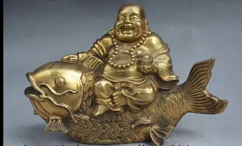 

zhmui8800626951+<<+8 Old China Buddhism Brass Wealth Maitreya Buddha YuanBao Ride Fish Coin Statue