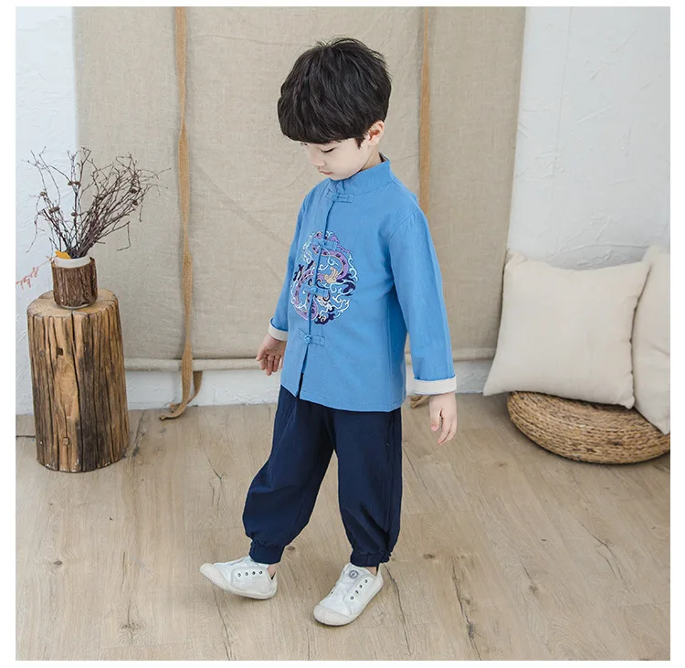 2-8Yrs с вышивкой «восточные одежда с драконом, Комплект для мальчика, Топы с длинными рукавами и штаны, костюмы для детей, Демисезонный осень в стиле костюма эпохи Тан наборы для ухода за кожей
