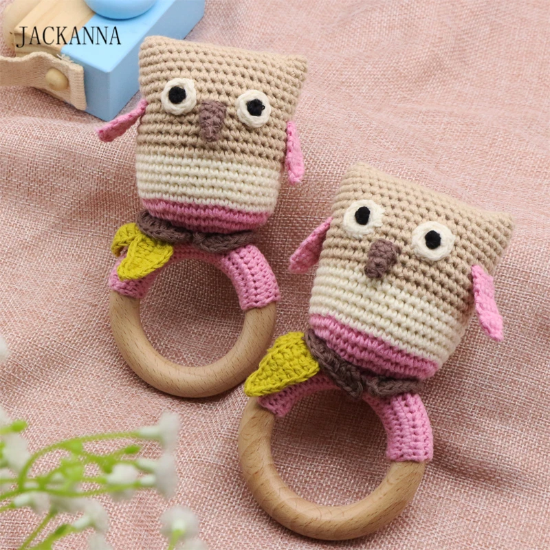 Бук деревянный грызунок для детей вязание крючком сова погремушка-грызунок