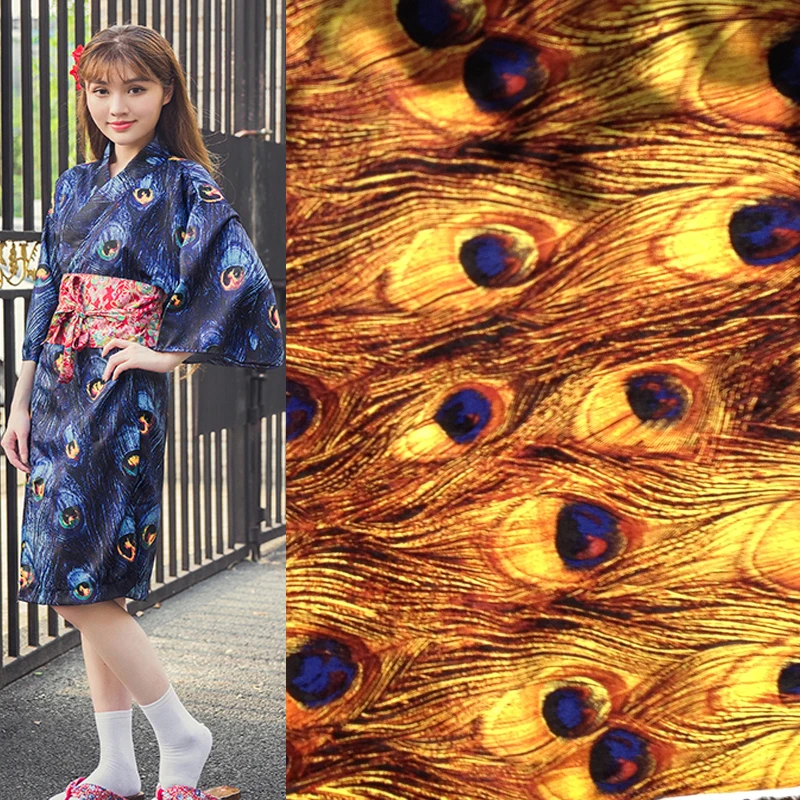 Cotton Spandex Japan Kimono Peacock Print Fabric,Diy Japanese Retro Apparel Sewing Robe Dress Stretch Tissu Cloth Material