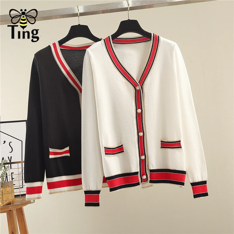 

Tingfly Women Casual Sweater Cardigans Color Striped Single Breasted Spring Autumn Casual Knitting Cardigans White/Black