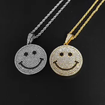 

Iced Out Smiling Face Pendant & Necklace 316L Stainless Steel Micro Pave Rhinestone Pendants for Women Men Jewelry