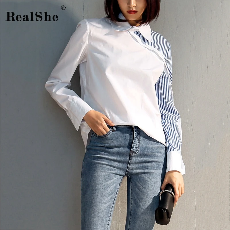 RealShe/белая блузка для женщин с отворотом, с длинным рукавом, в полоску, женские рубашки, весна-осень, повседневные офисные женские рубашки, элегантные женские топы и блузки