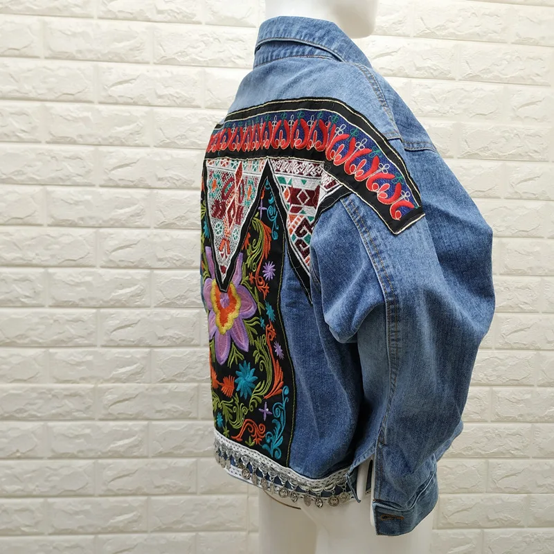 Kiyumi Boho джинсовая куртка пальто Женская Вышивка бисером цветочные вышитые богемные свободные джинсовые куртки Осенняя винтажная индийская национальная куртка