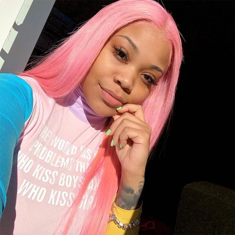 Цветной розовый парик из натуральных волос на кружеве для женщин 13X4 150% плотность синий зеленый парики из натуральных волос предварительно выщипанный цветной Dolago парик Remy
