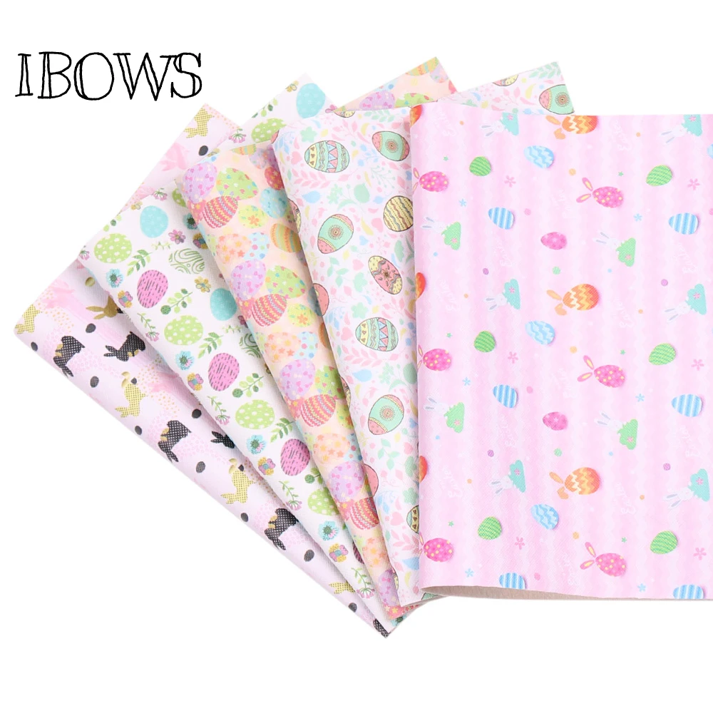 

IBOWS 22*30cm 1pc Easter Faux Synthetic Leather For Crafts Egg Printed Fabric Handmade Supplies DIY Hair Bows Home Decoration