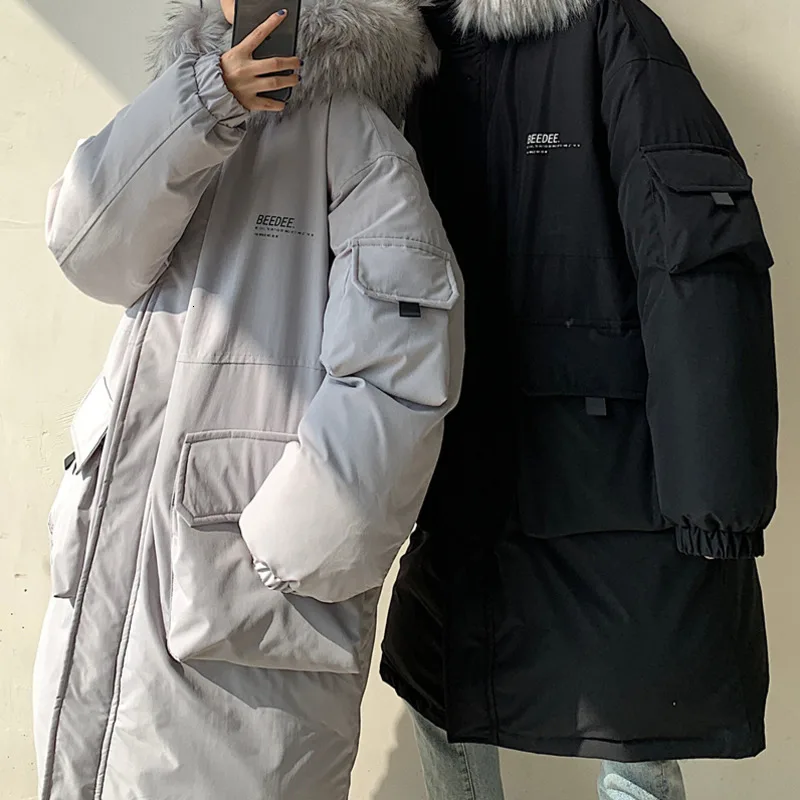 Winter New Coat Men Warm Thick Fashion Solid Color Fur Collar Hooded Coat Man Streetwear Wild Loose Cotton Long Jacket Parka Men