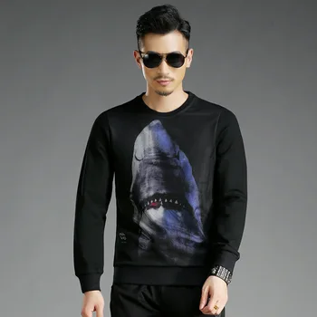 

#1861 Autumn Mesh Patchwork Mens Streetwear Sweatshirt No Hood Long Sleeve Shark Printed Sweatshirts Mens Korean Fashion