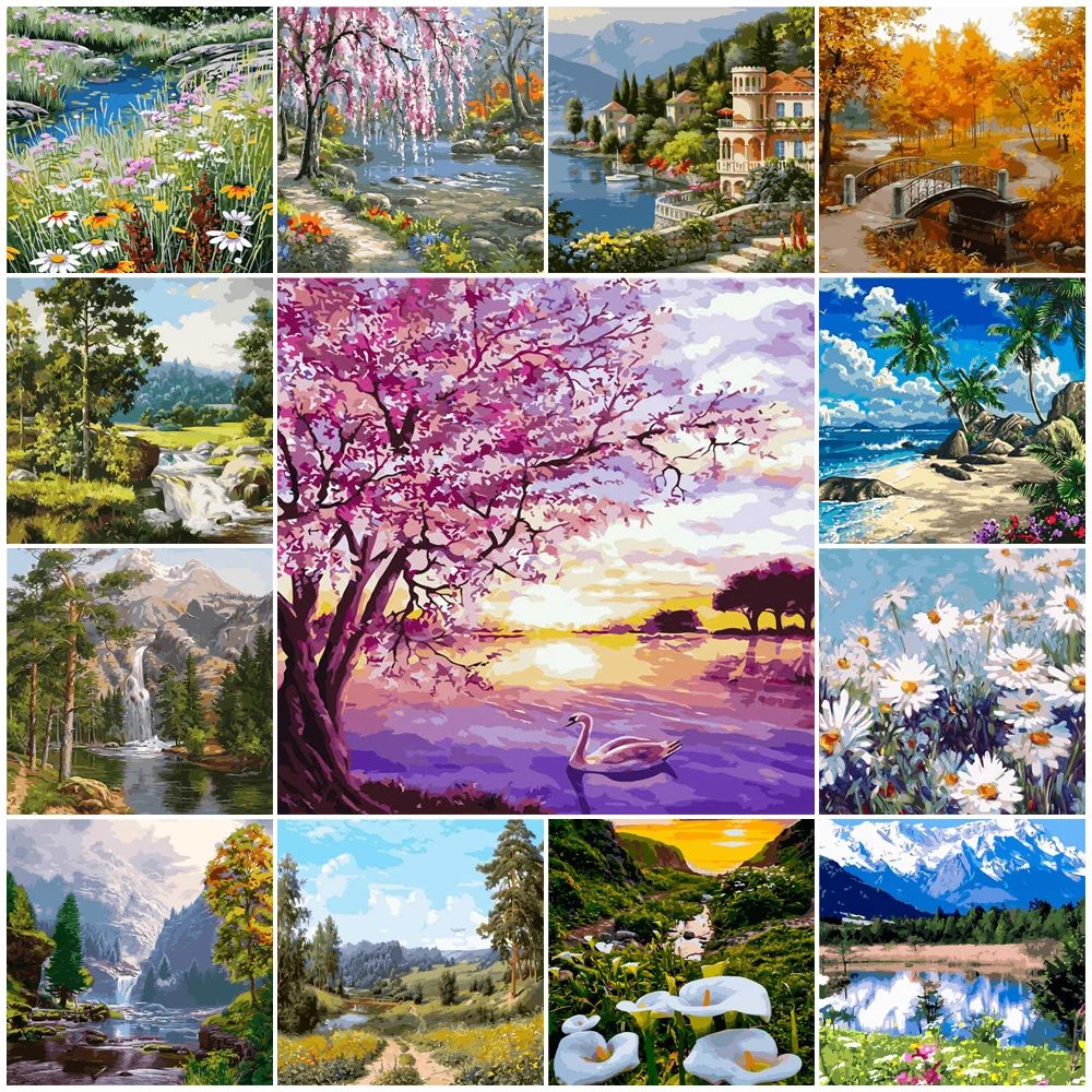 Mountain And Water Coloring By Numbers Kit Frameless Drawing 19.7x15.7inch 24 Colors Handpainted Gift Diff:3 Stars | Дом и сад