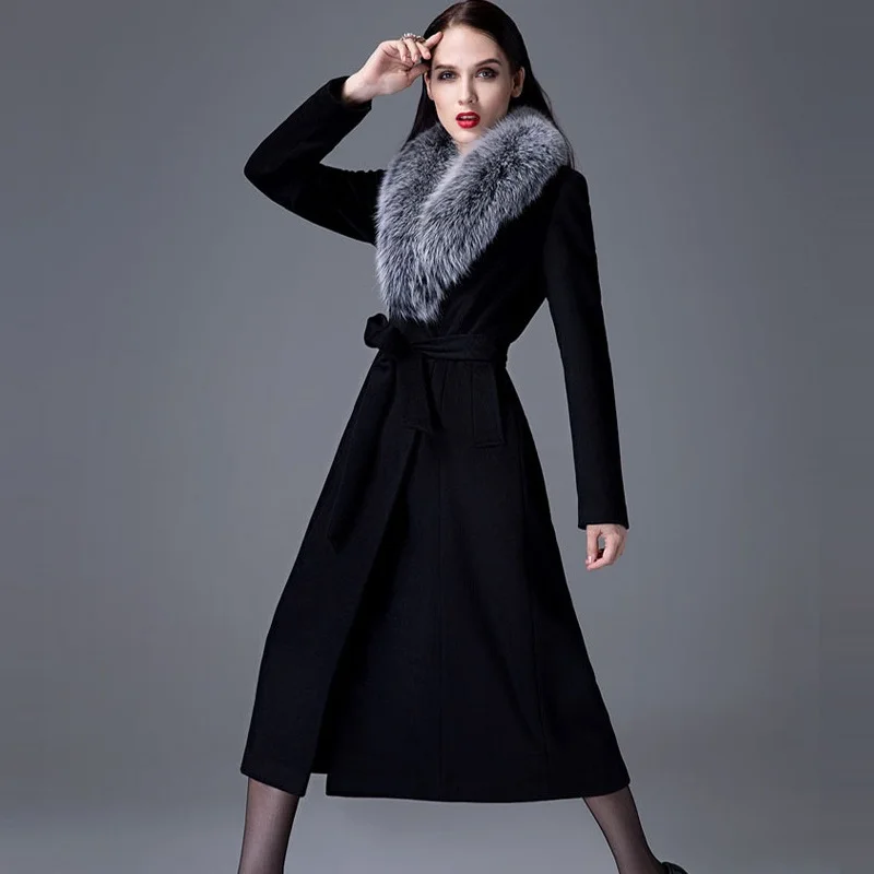 

Real fox fur Blends Woolens Overcoat Female Coat Autumn Winter Women Plus size XS-5XL Coat Women's Wool Coats Lengthen Jackets